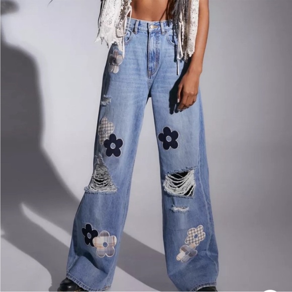 NWT BDG Skater Baggy Floral Patchwork Wide Leg Jeans